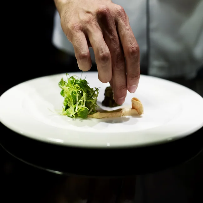 Fresh greens are arranged on a thoughtfully plated dish atop a large white plate, emphasizing balanced presentation and natural ingredients.