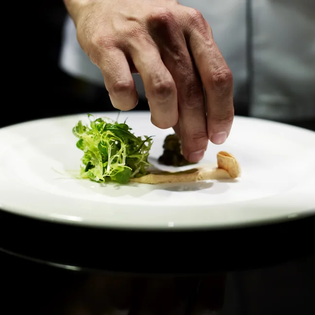 Fresh greens are arranged on a thoughtfully plated dish atop a large white plate, emphasizing balanced presentation and natural ingredients.