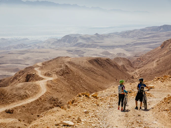 Guests explore a rugged trail with mountain bikes, gazing over rolling hills and a softly lit horizon beneath an expansive sky.