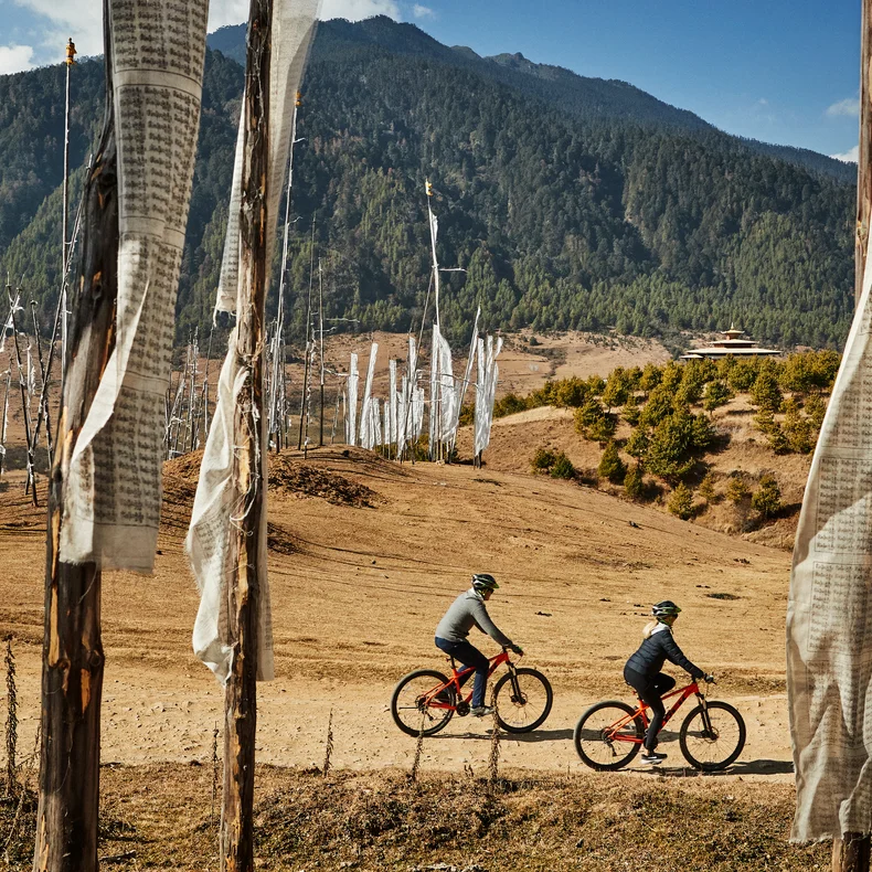 Guests cycle along a gentle dirt trail through sunlit hills with tall trees, fabric banners, and mountain views beneath a sky dotted with clouds.