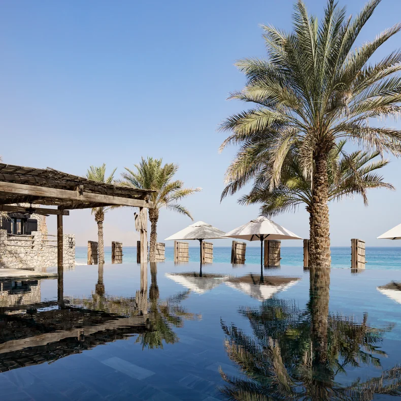 Infinity pool bordered by palm trees and white umbrellas, adjacent to a stone building overlooking calm sea under a blue sky. Accessible pathways connect poolside areas.