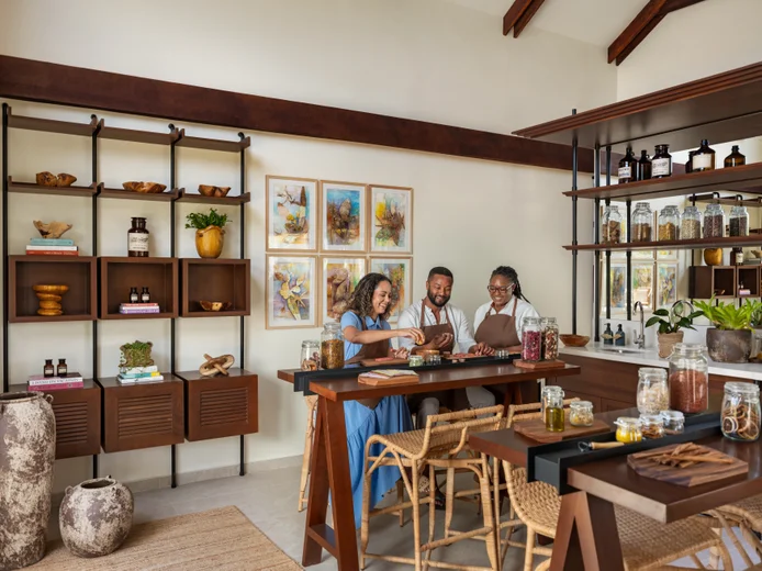 Guests participate in a tasting or workshop at a table, surrounded by natural wood shelves, glass jars, greenery, and curated wall art in a tranquil setting.