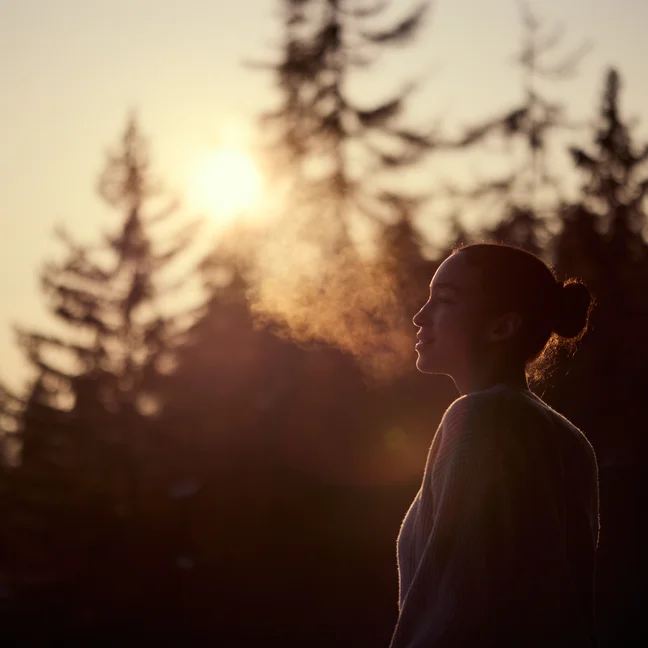 Someone enjoys fresh, cool air in a serene forest at dusk, with their breath visible and evergreen trees forming soft shapes in the fading light.