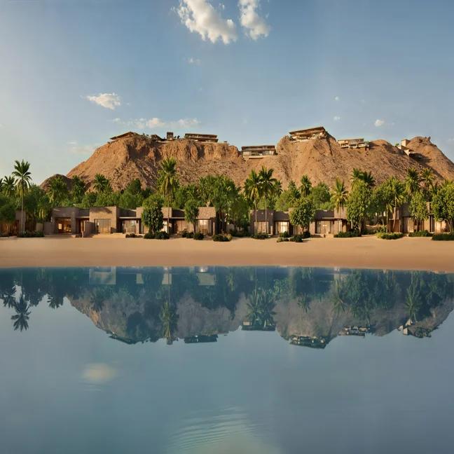 Villas and palm trees border a sandy shore. Still, clear water mirrors a nearby rocky hill and blue sky, evoking tranquility and connection to the natural surroundings.