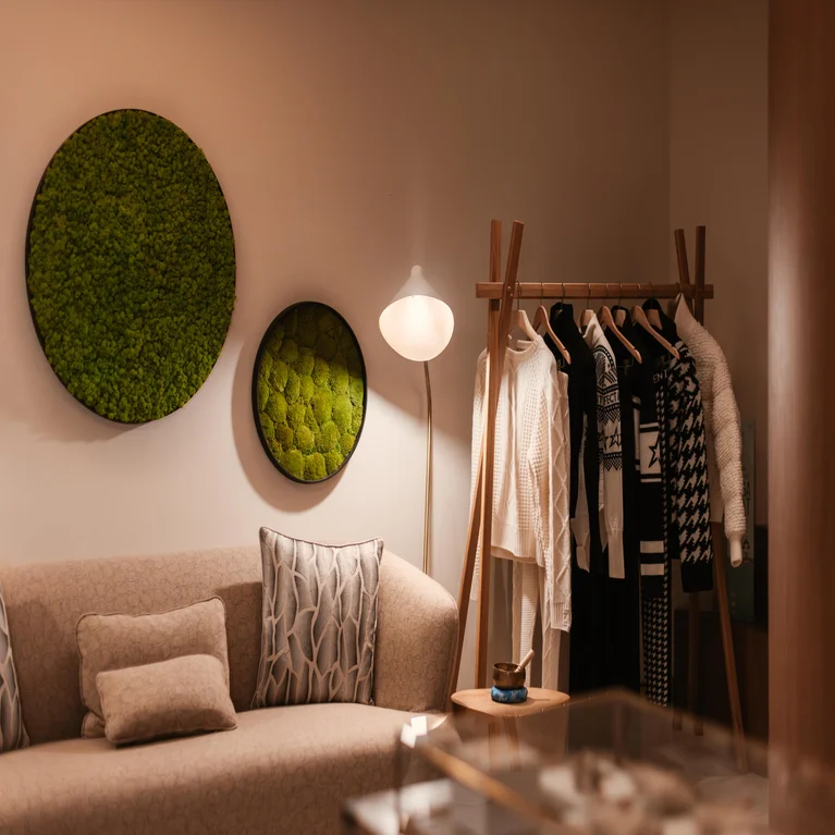 A sofa with patterned pillows, a clothing rack holding sweaters, and two round moss art pieces mounted on the wall.