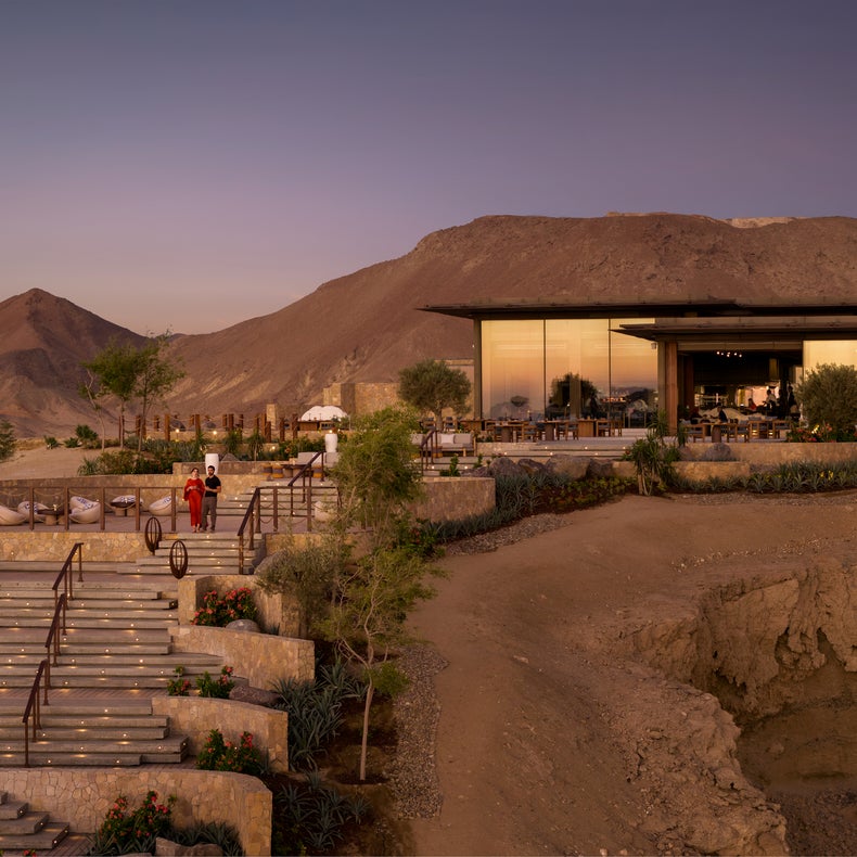 Contemporary building with expansive windows in a desert setting at dusk; illuminated stone steps lead up, guests outdoors walking and relaxing.