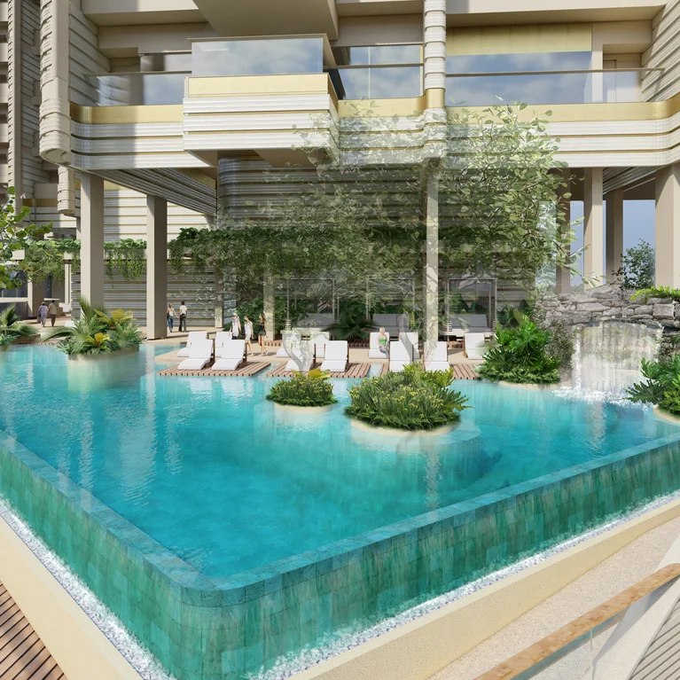 现代高层建筑上的露台泳池区,设有座椅,亚热带植物与绿色植物交相辉映,可俯瞰城市天际线。.