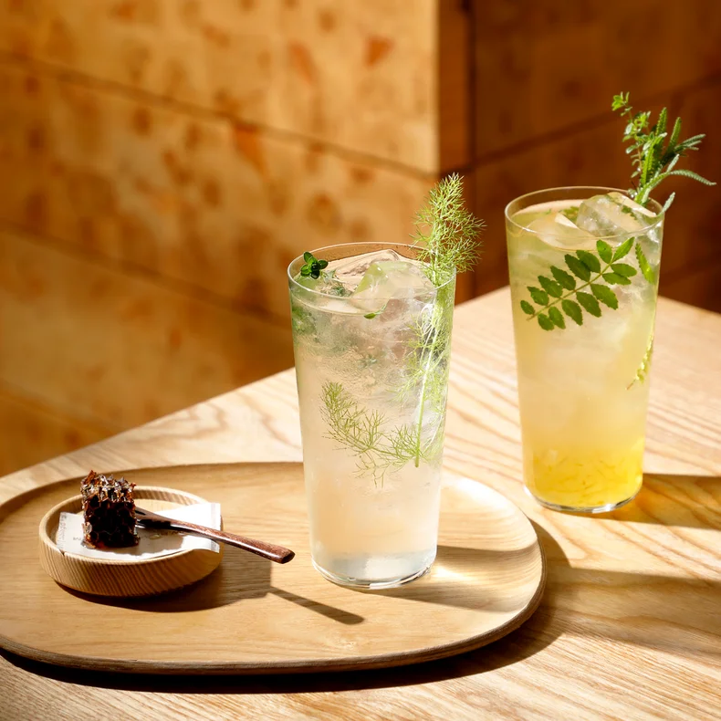 Iced beverages with fresh herbs and a chocolate cake slice on a wooden plate, arranged on a sunlit table for a balanced and refreshing experience.