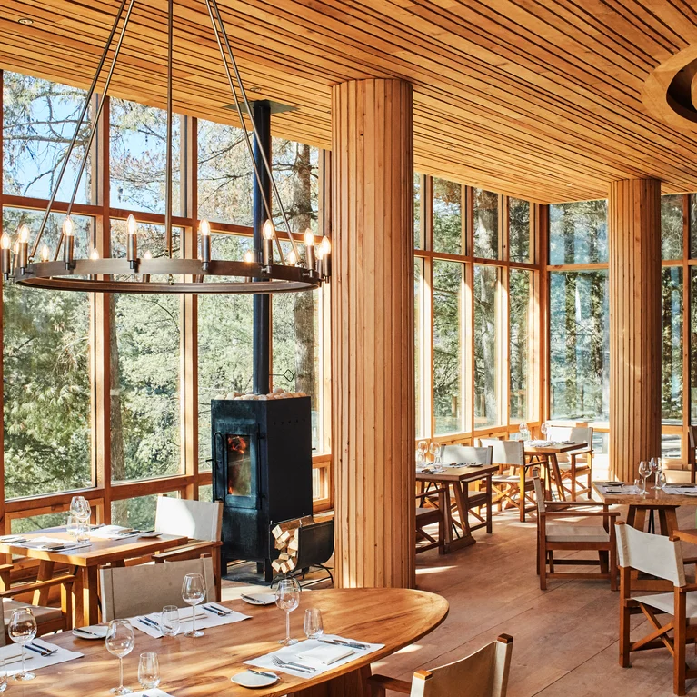 餐厅采用天然木质内饰,大窗户可俯瞰树梢,餐桌上摆放着白色桌布和透明玻璃器皿。.