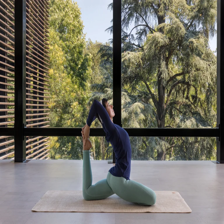 Guest in a peaceful yoga pose on a mat inside, natural light streaming through large windows with views of vibrant green trees.