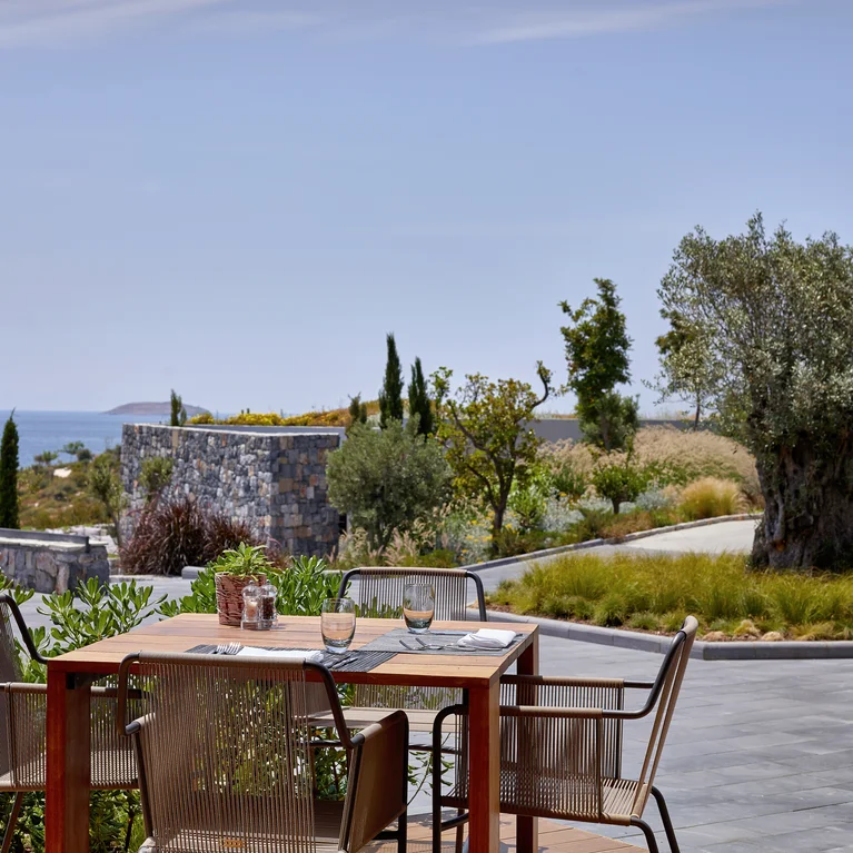 Un patio de piedra con una mesa y dos sillas, a la sombra de plantas autóctonas y abierto a amplias vistas del mar en un día claro. Los asientos accesibles se ven con la luz natural.