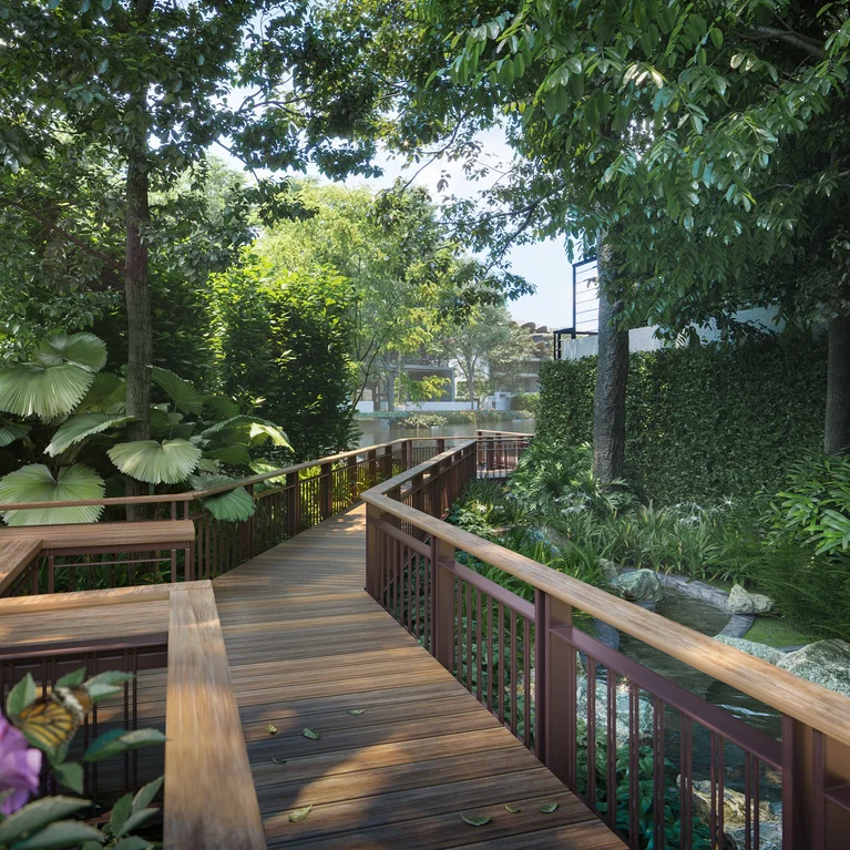 带栏杆的高架人行道在生机勃勃的绿色植物和热带植物中蜿蜒曲折,为度假村精心设计的花园提供了一条宁静的小径。.