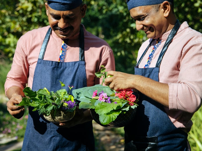 Unos cocineros con delantales y gorros azules sostienen cuencos con verduras y flores recién cosechadas en un jardín.
