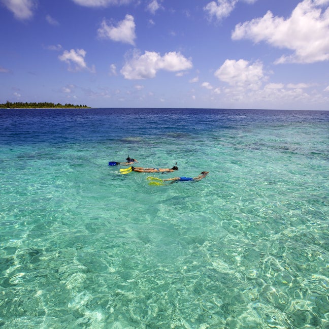 Guests dive into turquoise waters near an island, under a blue sky dotted with clouds. The scene highlights a conscious connection with nature.