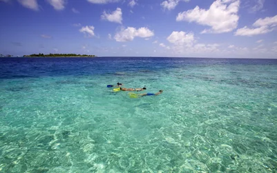 Los huéspedes se sumergen en aguas turquesas cerca de una isla, bajo un cielo azul salpicado de nubes. La escena pone de relieve una conexión consciente con la naturaleza.