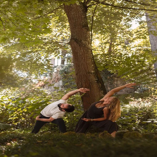 Guests enjoy side-stretch yoga poses beneath a large tree, with green foliage and dappled sunlight creating a tranquil, natural setting.