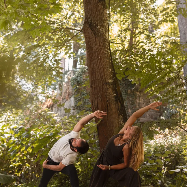 Guests enjoy side-stretch yoga poses beneath a large tree, with green foliage and dappled sunlight creating a tranquil, natural setting.