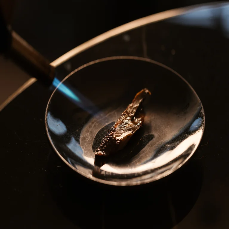A handheld torch sears a piece of fish served on a small black plate.