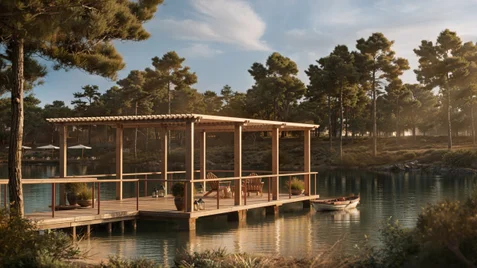 A serene lake view framed by pine trees, a dock with chairs, and a rowboat moored at the edge, all softly illuminated by natural daylight.