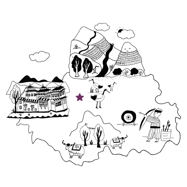 Illustrated map showing mountains, heritage houses, yaks, a goose, a person practicing archery, and a purple star at the center for orientation.