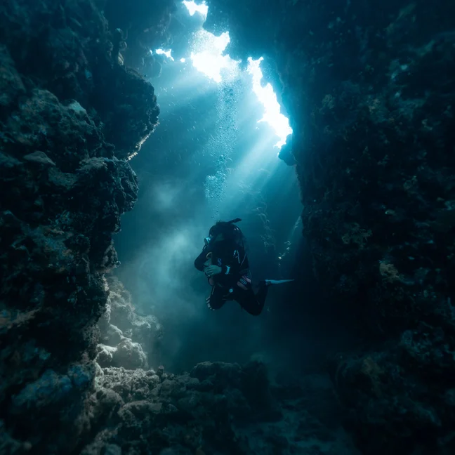 A guest explores an underwater cave, sunlight gently streaming through the water and highlighting the natural rock formations.