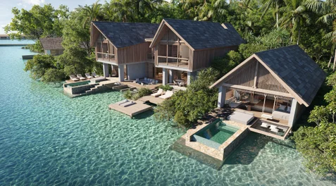Wooden villas with private pools and decks extend over turquoise water, embraced by tropical plants and palm trees, offering serenity and a connection to nature.