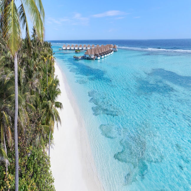 Overwater villas built with natural materials extend above calm blue water, bordered by sand and greenery under a clear sky. Eco-forward design integrates with the seascape.