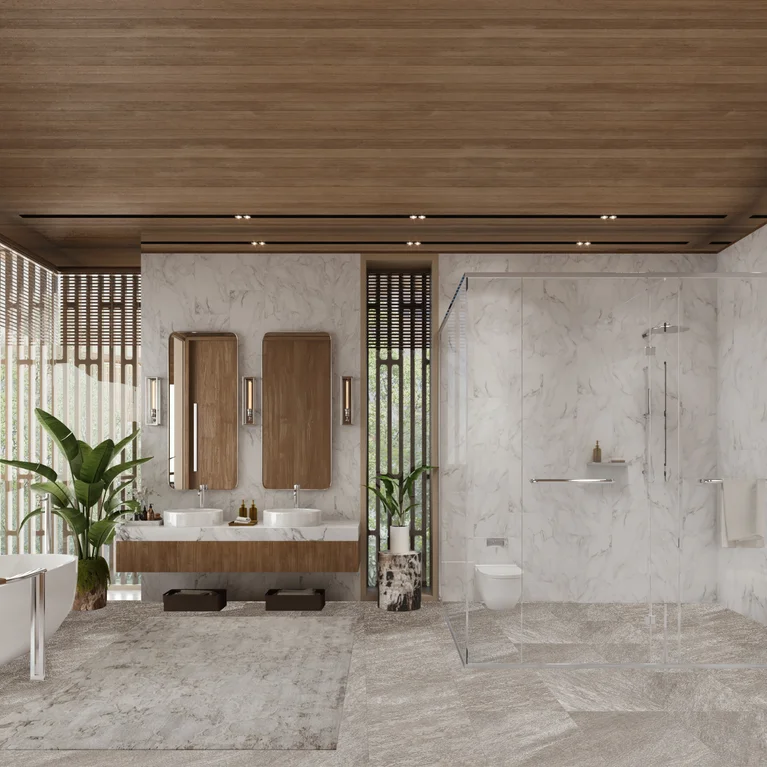 浴室配有大理石墙壁、天然木质细节、独立浴缸、双梳妆台、步入式淋浴间、采光大窗、绿色植物和艺术装饰。.