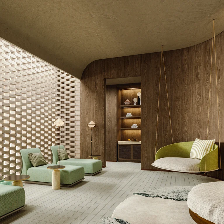 现代起居空间,配有绿色椅子、弧形木墙、嵌入式书架、吊椅和砖砌花架,以散射阳光。.