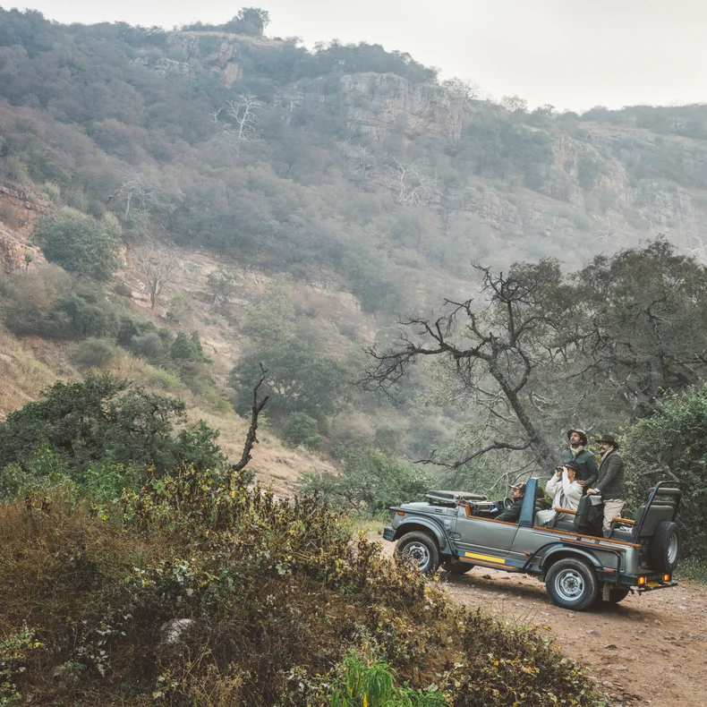 Eco-friendly vehicle travels a winding dirt road between green hills, dense forests, rocky cliffs, and soft morning mist in the distance.