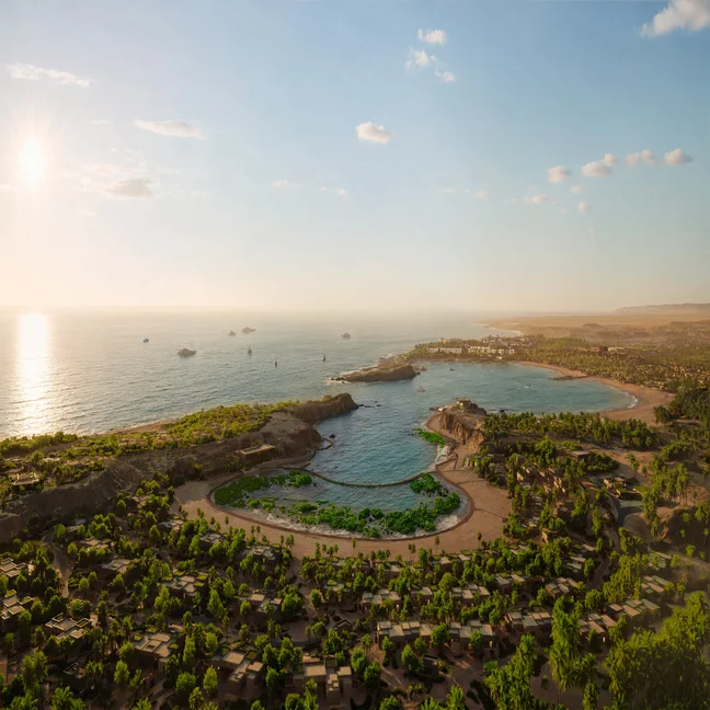 Coastal landscape featuring a sandy beach, lush greenery, and calm blue waters beneath clear skies and sunlight. Suitable for mindful retreats focused on wellness and sustainability.