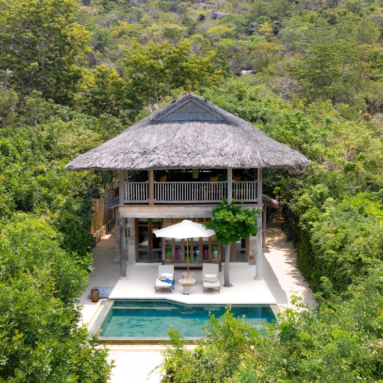 Sustainable villa with thatched roof, outdoor pool, sun loungers and a shade umbrella, set among abundant tropical plants.