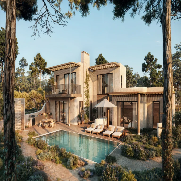 Tan villa in a pine forest with wood deck, pool, lounge chairs, outdoor dining area, and wide glass doors framed by clear blue sky. Accessible pathways throughout.