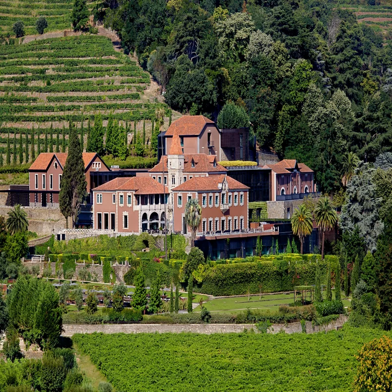 Villa with red-tiled roofs set among vineyards, mature trees, and structured gardens on a hillside, highlighting natural surroundings and sustainable landscaping.
