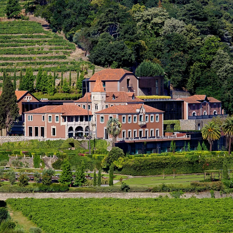 Villa with red-tiled roofs set among vineyards, mature trees, and structured gardens on a hillside, highlighting natural surroundings and sustainable landscaping.