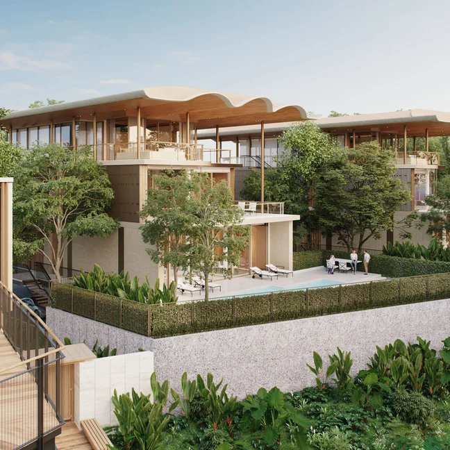 Villas with expansive windows and private pools set in abundant greenery; balconies overlook a wooden walkway threading through tropical landscaping.