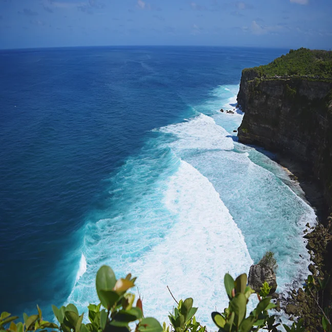 Greenery lines a cliff above blue ocean waves meeting rocks, with soft clouds overhead. Natural beauty complemented by sustainable stewardship.