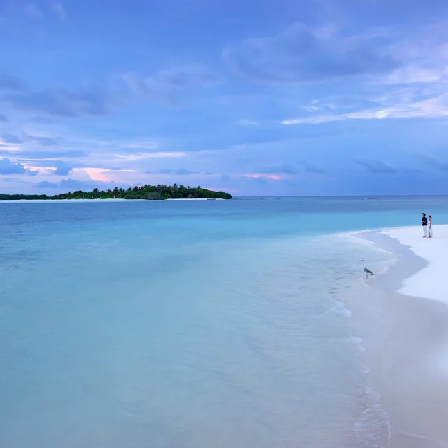 两位宾客漫步在清澈碧绿的海水边的白色沙滩上,凝视着海湾对面郁郁葱葱的小岛,柔和的夕阳穿过云层。.