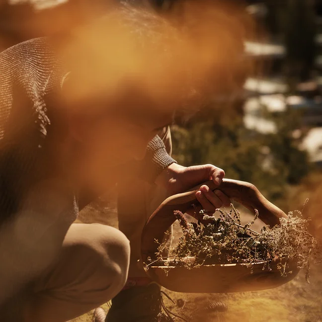 Outdoors, an individual carefully holds a wooden bowl of dried plants. Autumn leaves softly frame the scene in the foreground.