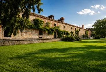 Stone building with ivy, tall windows, and a red-tiled roof beside an open lawn under a clear blue sky. Accessible path leads across the grass.