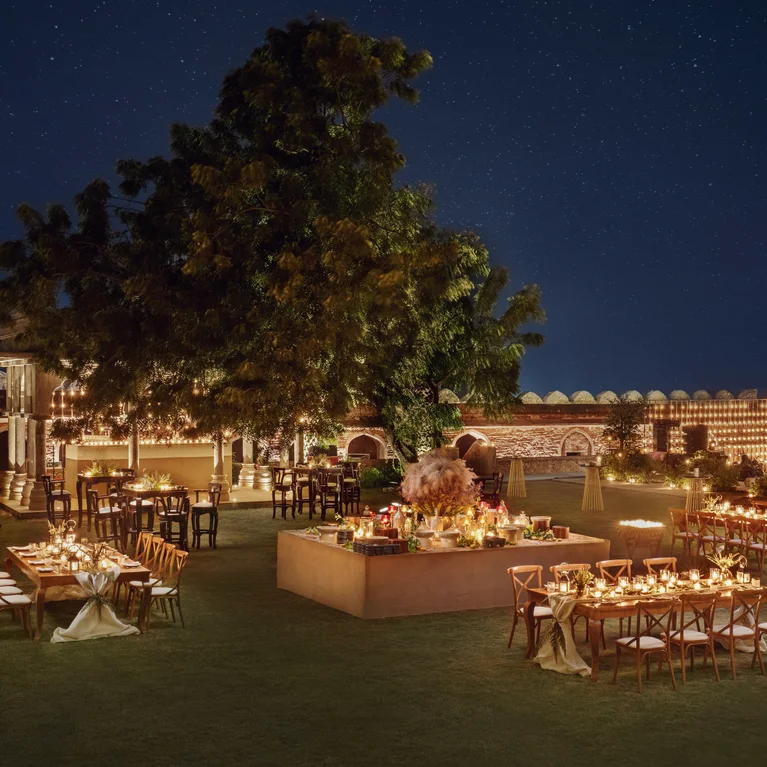 在晴朗的天空下,精心布置的桌子、柔和的灯光和一棵成熟的中心树,让傍晚的聚会充满舒适和联系。.