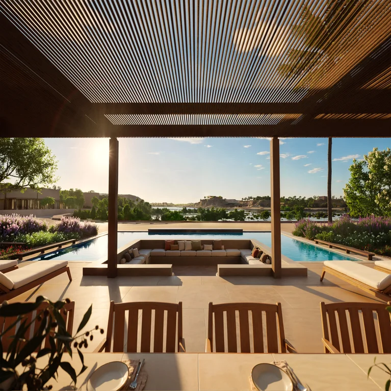 Wooden patio furniture and sun loungers beside a pool, surrounded by greenery, with views of water and the sky at dusk.