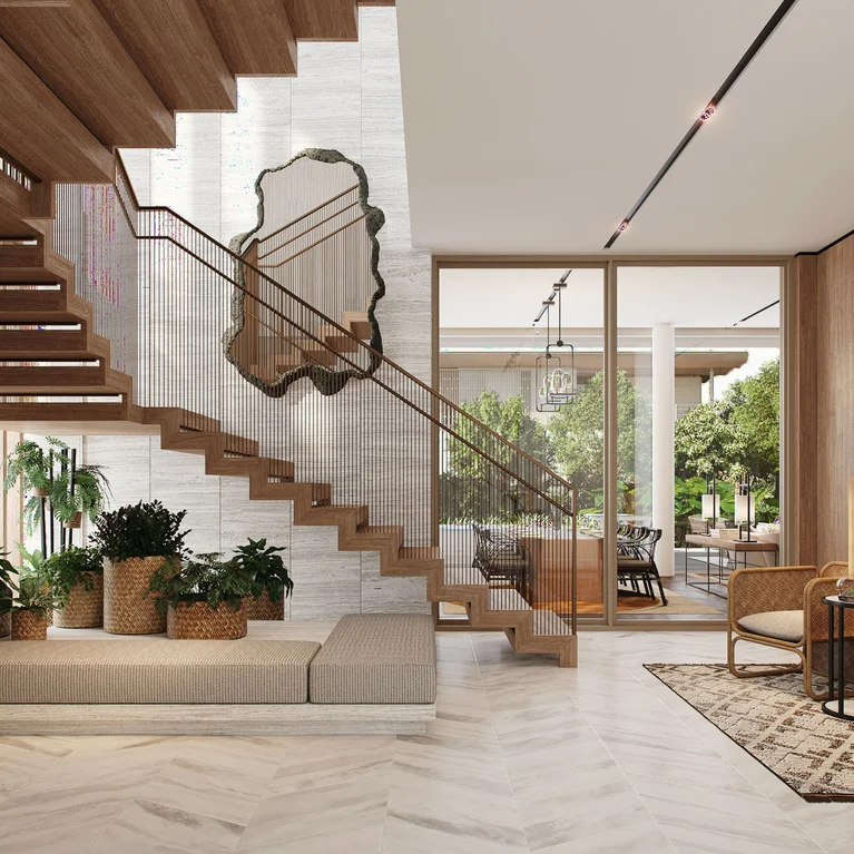 开放式木质楼梯、室内绿植、抽象壁画、两把座椅和一块地毯;通过玻璃门可以看到外面郁郁葱葱的花园。.