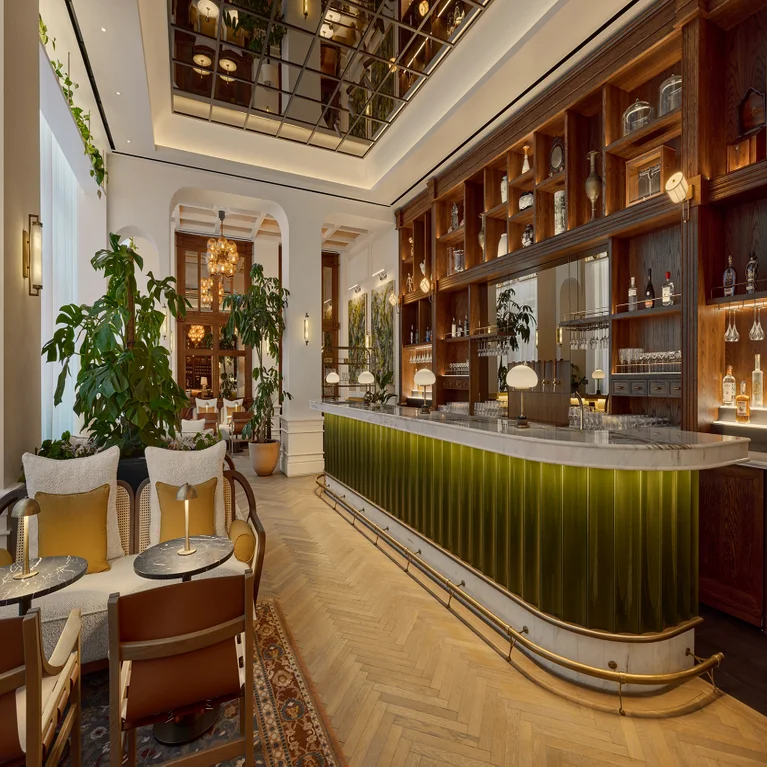 Bar with a green counter, natural wood shelving holding bottles, comfortable chairs, lush indoor plants, and inviting soft lighting designed for relaxation and sustainability.