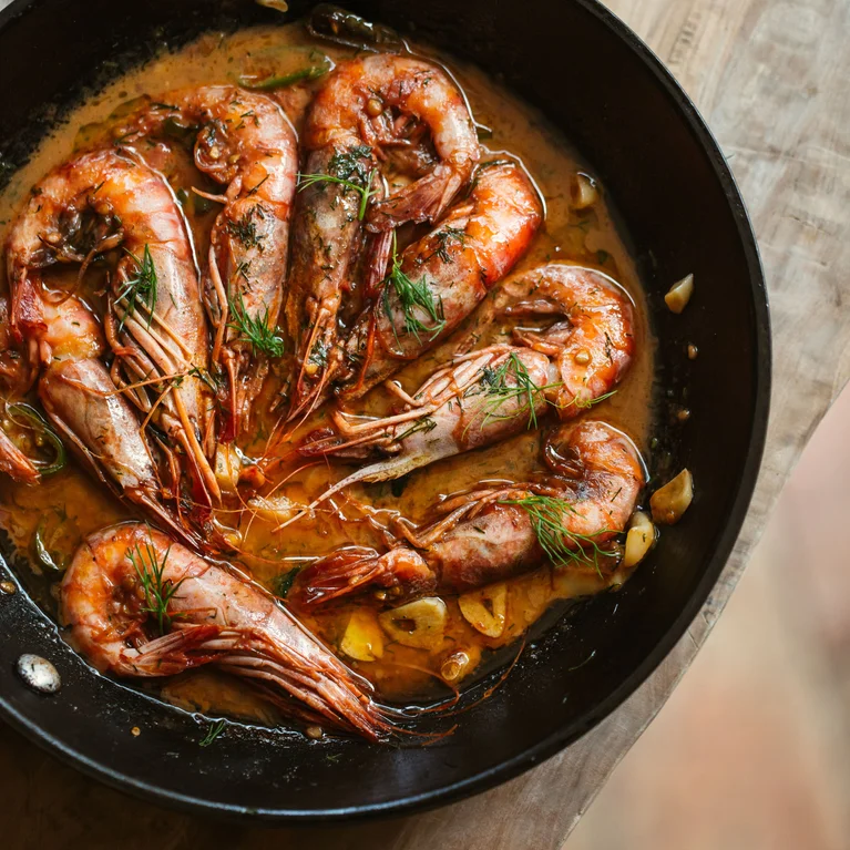 用大蒜和香草酱烹制的大虾,表面覆盖着新鲜的莳萝,放在平底锅中的木质表面上食用。食材新鲜,摆盘简单。.