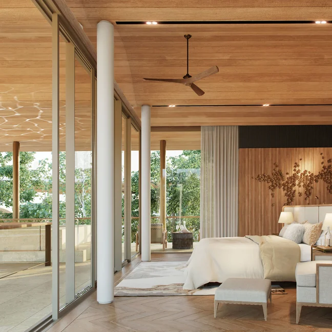 卧室采用天然木质墙壁和天花板,宽大的窗户将树顶美景尽收眼底,浅色调的家具设计让人倍感舒适和放松。.