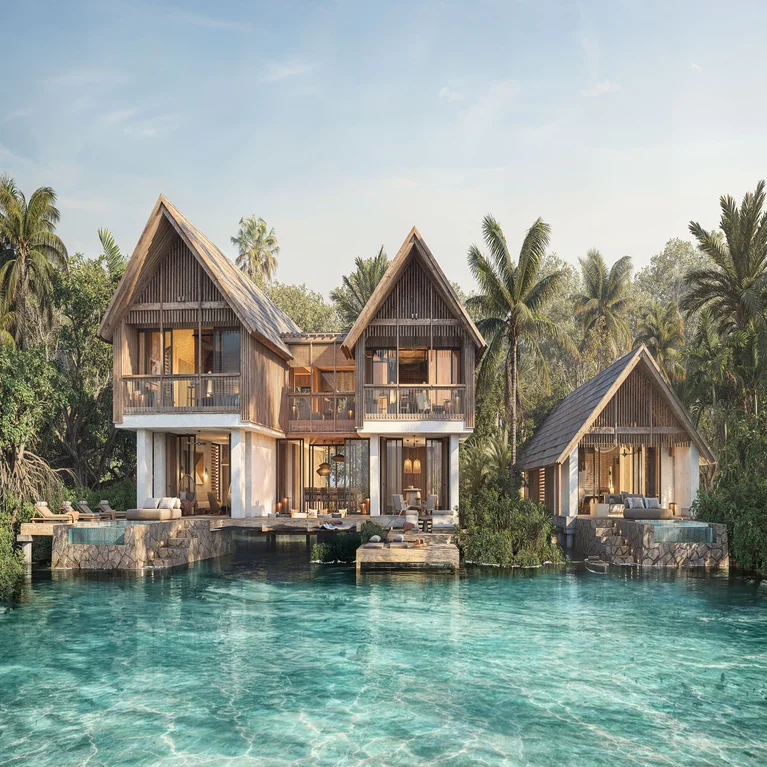 Wood villas with large balconies stand beside clear water, surrounded by palm trees and greenery beneath an open sky. Accessible paths connect the spaces.
