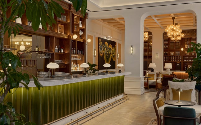 Inviting bar area featuring a green and white counter, refined lighting, wooden shelves holding bottles, comfortable seating, and abundant indoor greenery.