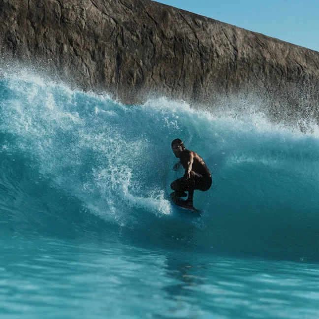 A surfer glides on a blue wave by a concrete wall, clear sky above and water droplets in motion, highlighting an active connection to nature.