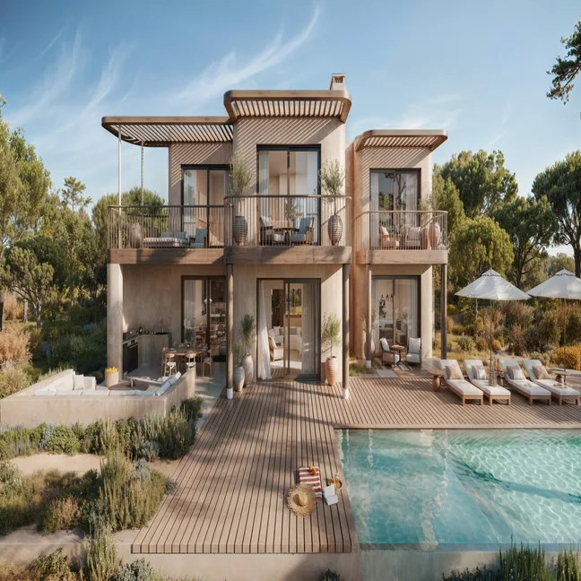Contemporary villa featuring expansive windows, timber deck with loungers and umbrellas, jacuzzi, pool, and lush surrounding gardens beneath an open sky.